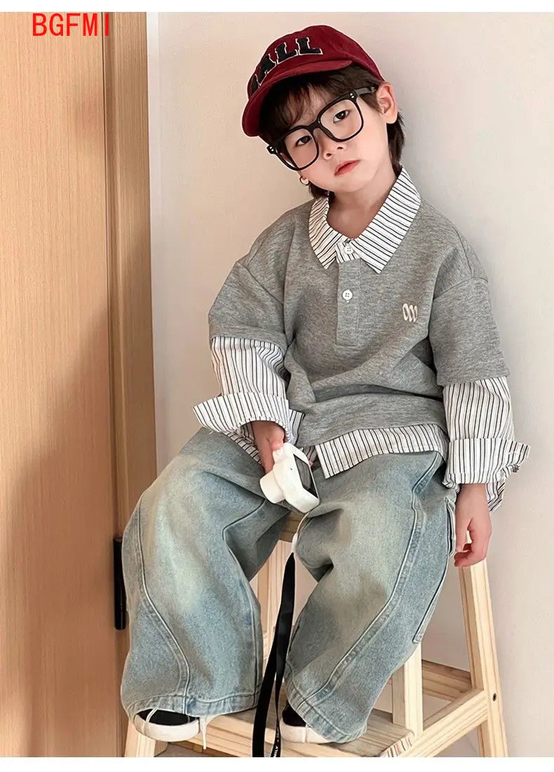 Korean Childrens Jeans Loose Straight Pants Wide Leg Cargo for Boys Girls Spring Autumn Kids Denim Pocket Trousers 260311