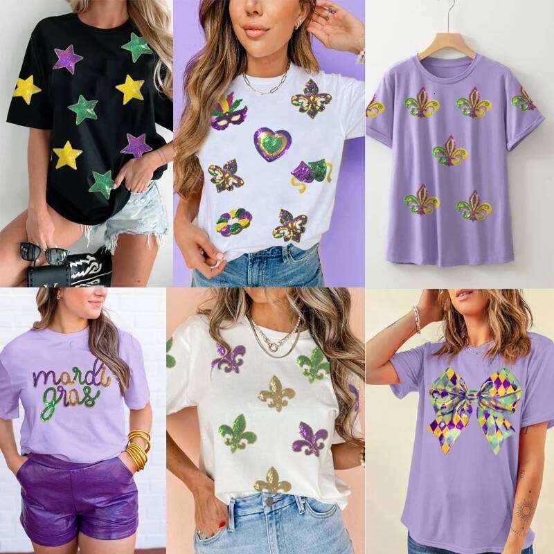 2026 Mardi Gras Sequin Letter T Shirt Holiday Graphic Tees Z260312