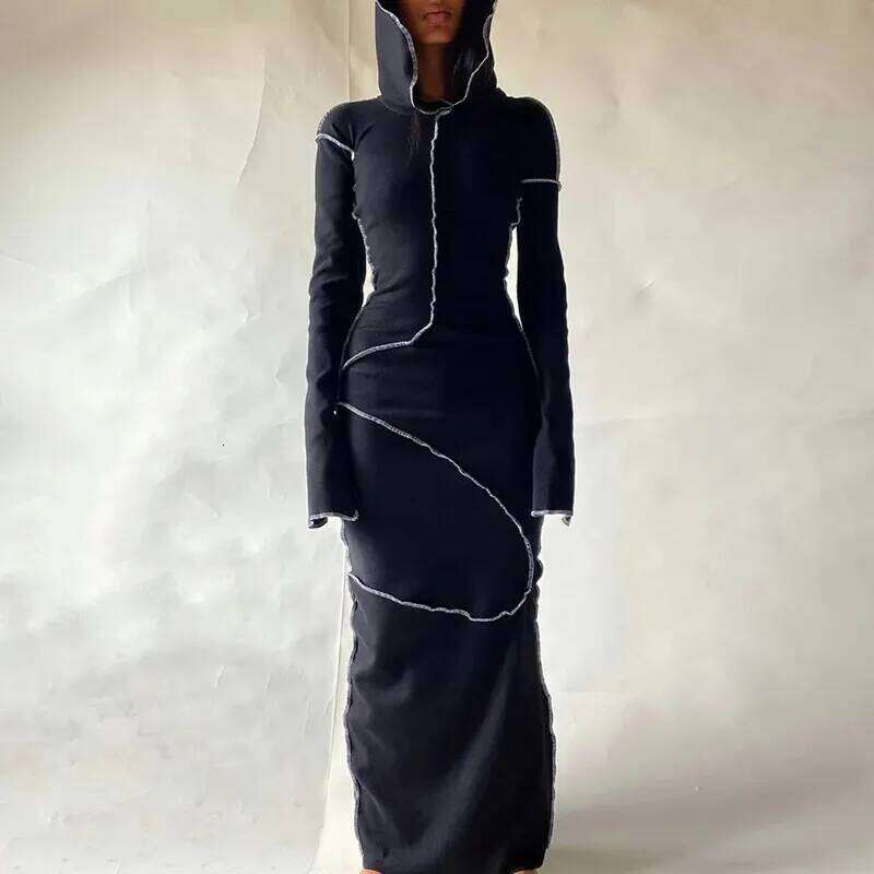 Dulzura Women 2024 Autumn Winter Fashion Sleeve Streetwear Bodycon Black Long Dress Items For Business C260312