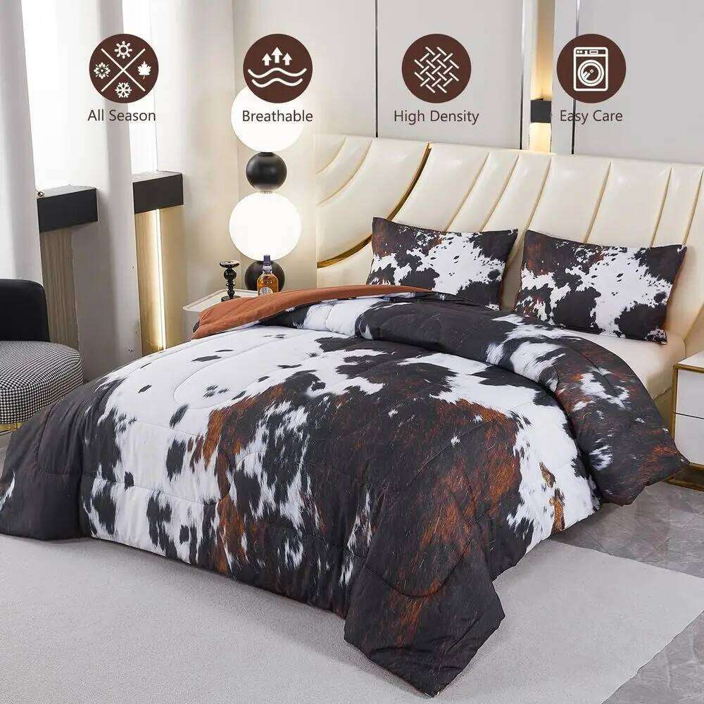 Cow Print King Comforter Set - 3-Piece Western Farmhouse Rustic Bedding for Bedroom Decor