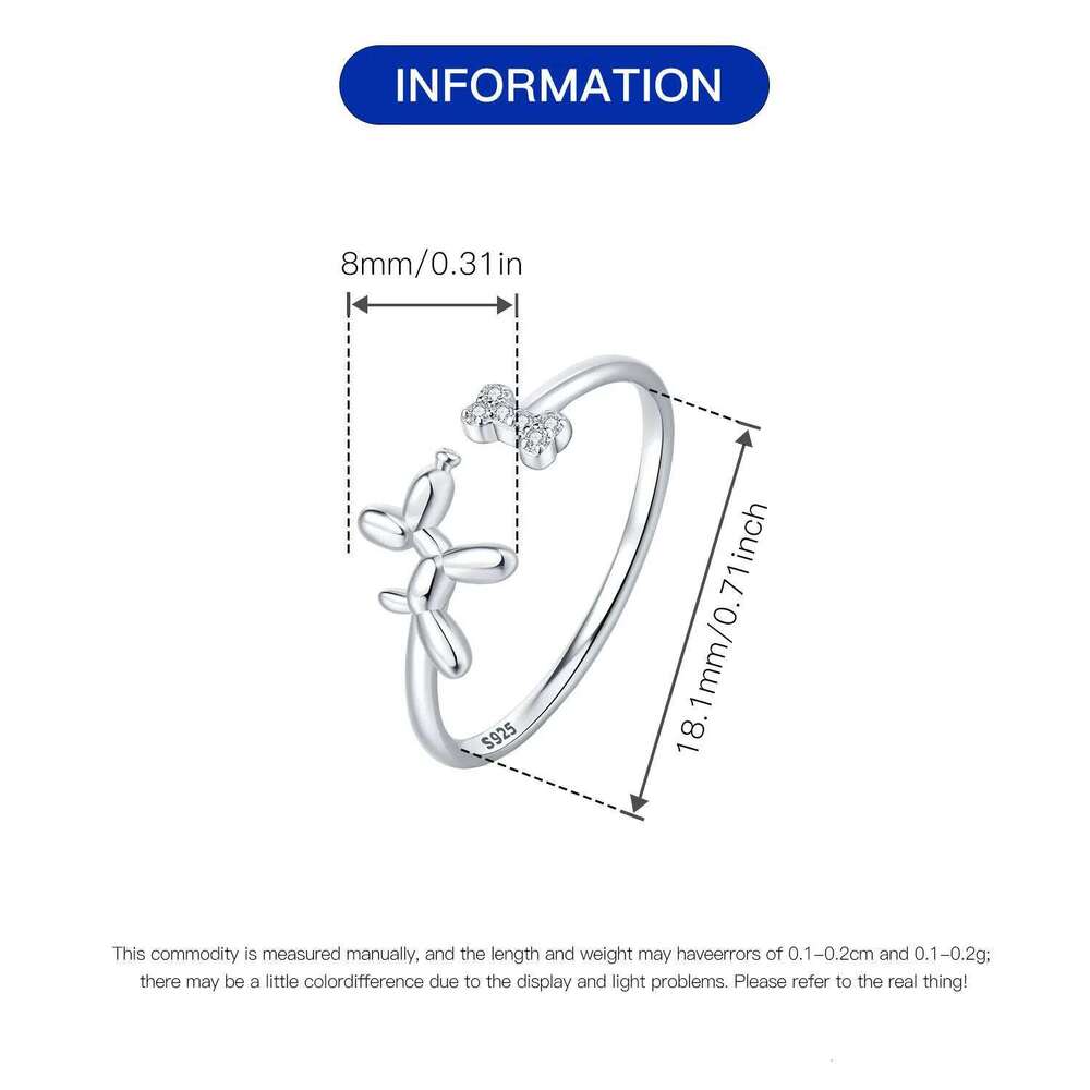 2025 New S925 Pure Silver Simple and Cute Animal Balloon Dog Open Ring Suitable for Women's Wedding Banquet Birthday Jewelry H260312