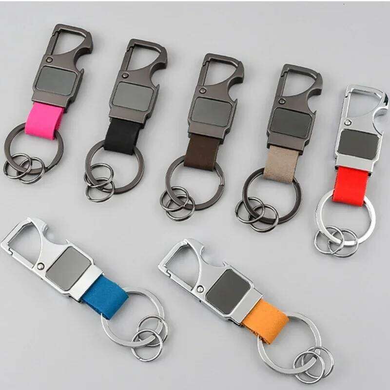 Custom Cowhide Bottle Opener Leather Metal Keychain Multifunctional Key Chain Laser Engrave Car Keyring for Men and Women