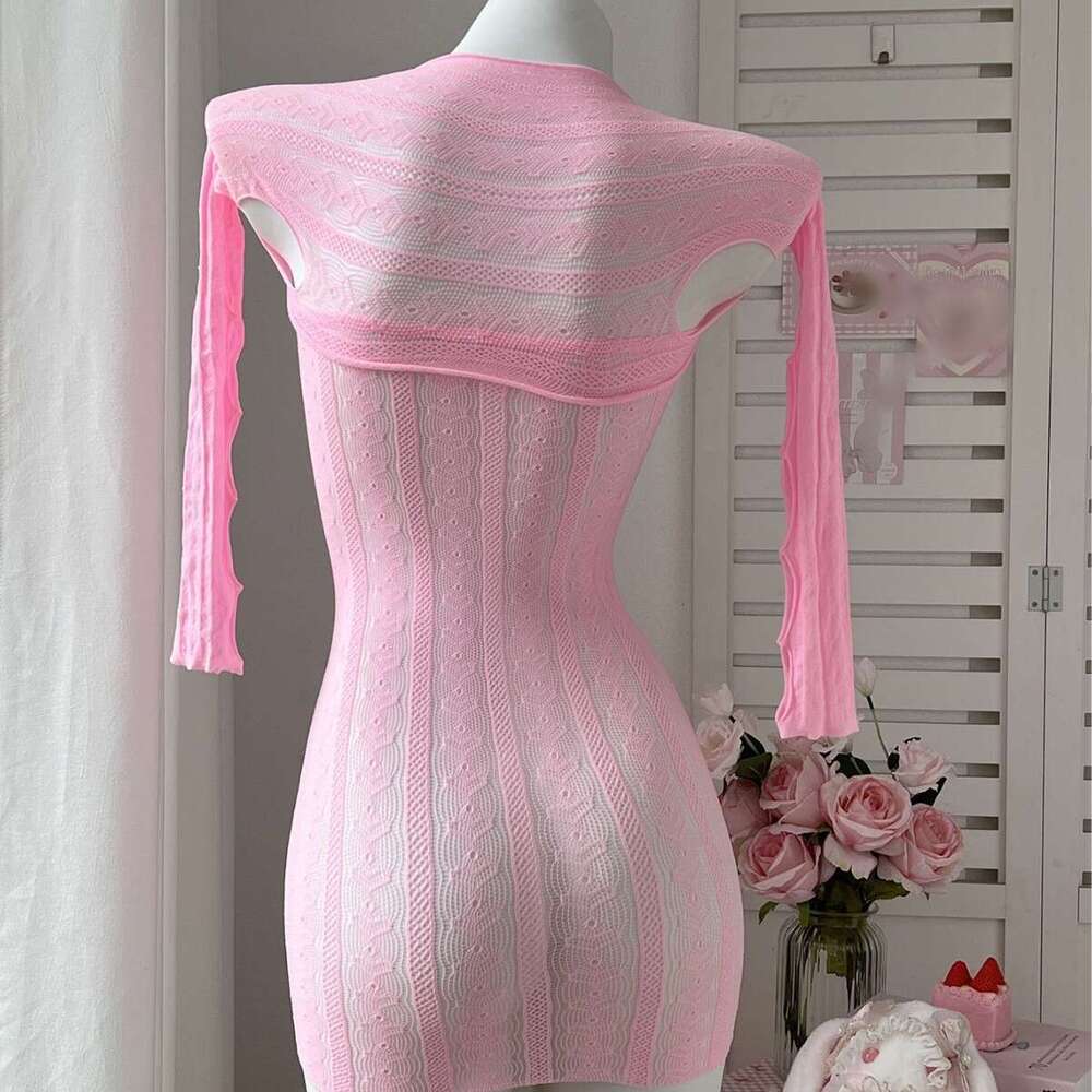 Women Pink Knitted Bodycon Dress with Detachable Sleeves Sexy Cut-Out Design with Red Bows for Party, Cosplay, or Romantic Wear