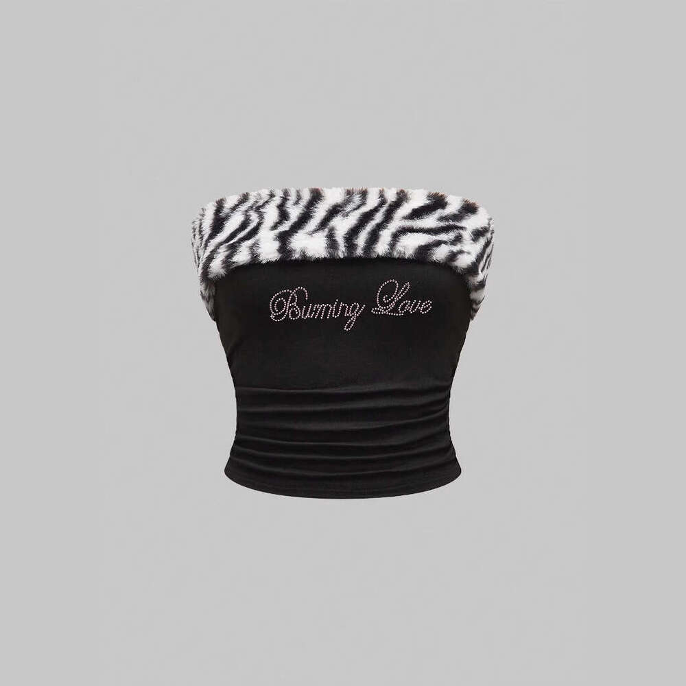 European American cross-border sweet and spicy design slim-fit tight plush leopard print patchwork cropped top for hot girls