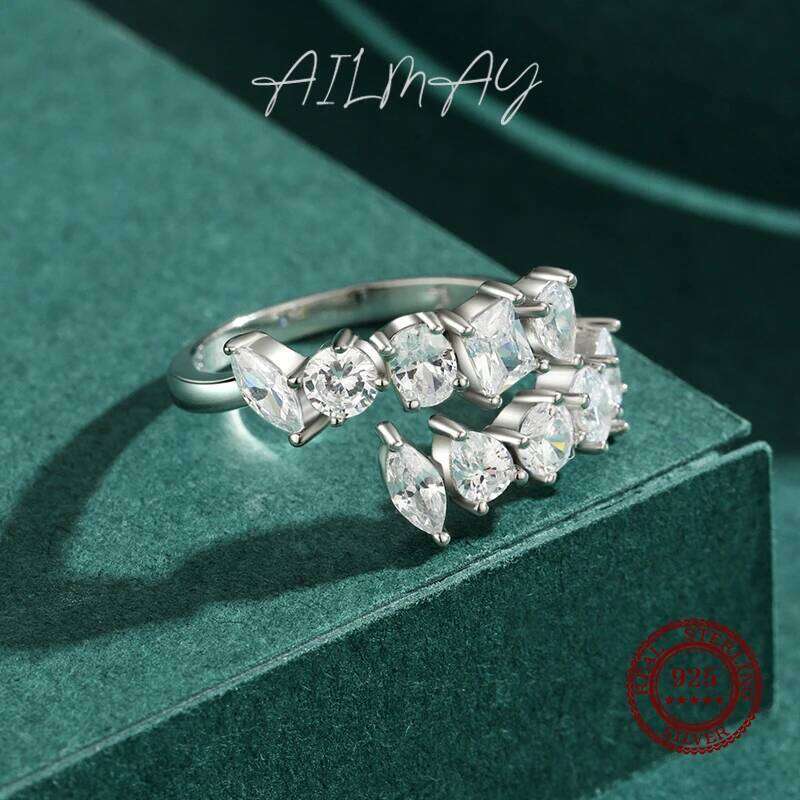 Ailmay Fashion 925 Sterling Silver Dazzling Geometric Clear Zircon Adjustable Rings For Women Classic Luxury Wedding Jewelry H260312