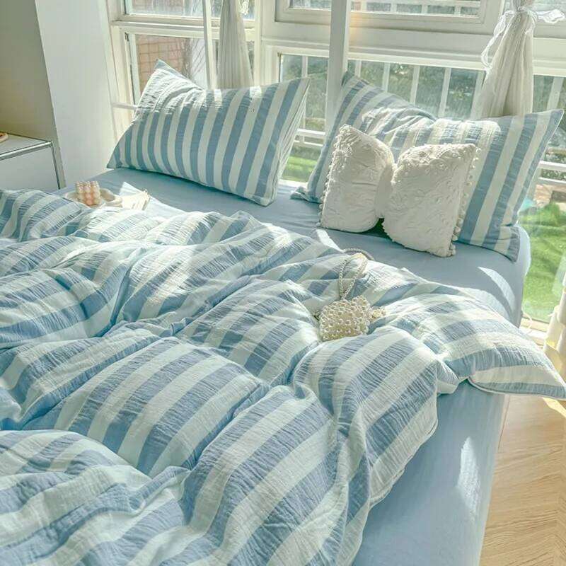 Lightweight Hotel Duvet 4Pcs Blue White Vertical Stripes Ultra Soft Breathable Comforter Cover Bed Sheet Pillowcase H260312