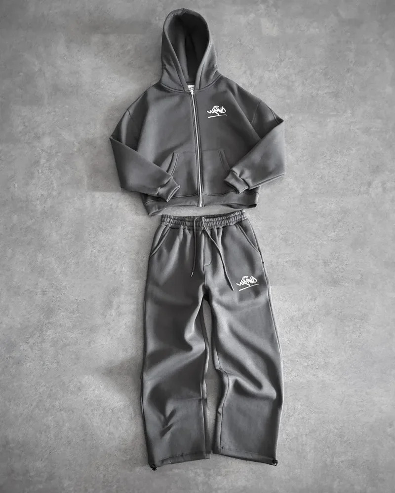 Y2K Leisure Sportswear Loose Hooded Zipper Sweatshirt Straight Pants Two Pieces Couples Soft and Comfortable Student Trend Suit 260311