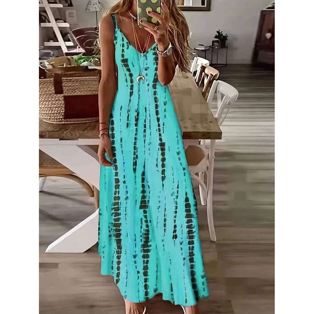 Women's Casual Loose V-neck Tie Dye Printed Spaghetti Maxi Summer Beach Vacation Long Dress C260312