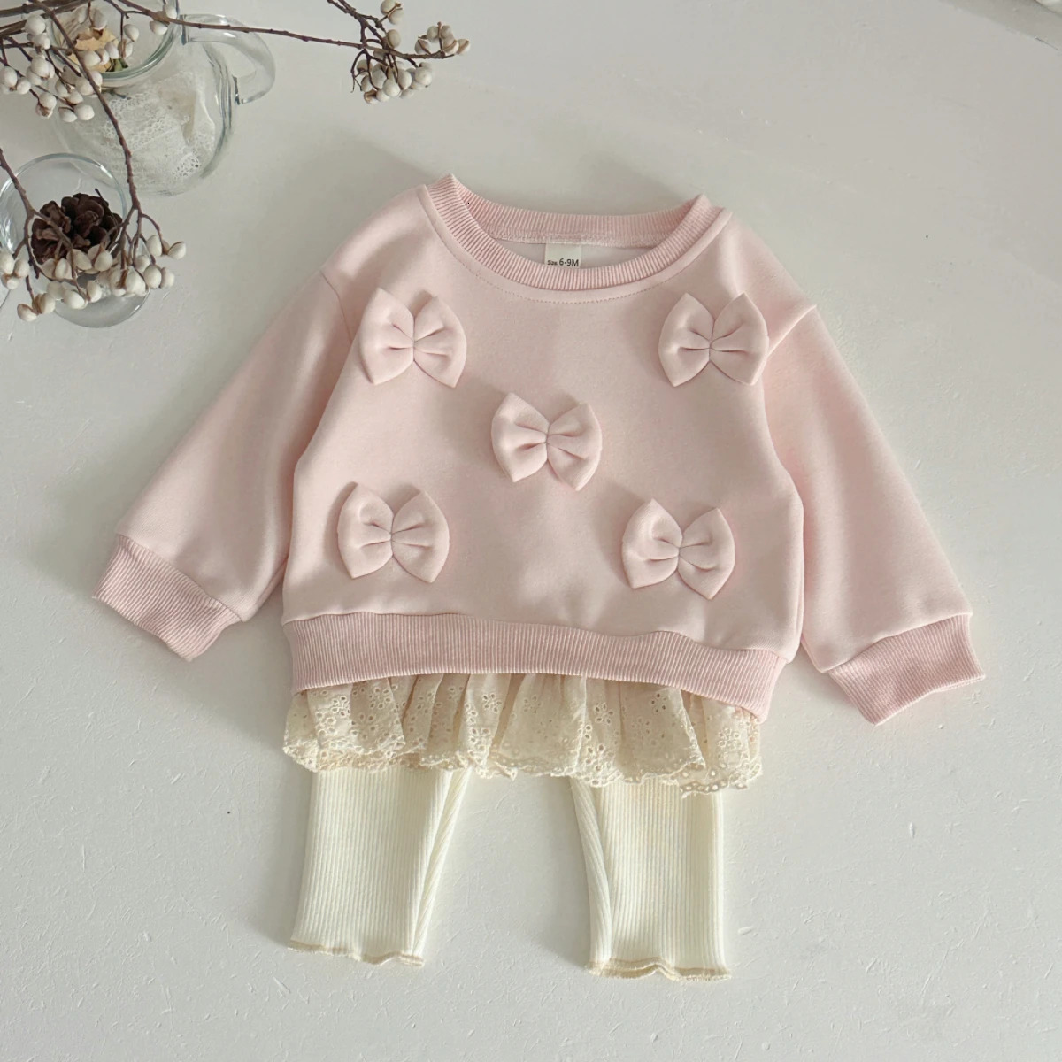 Cotton Baby Girl Clothing Bow Decoration Lace Hem Sweatshirt Elastic Waistband Pants Clothes Fall Outfits for bo 260311