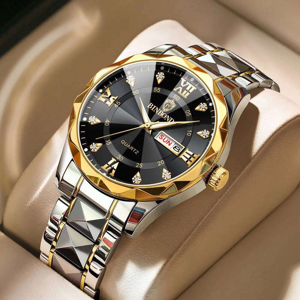 BINBOND 2521 Waterproof Stainless Steel Quartz 2026 Top Brand Luxury Night Glow Date Week Men's Watch
