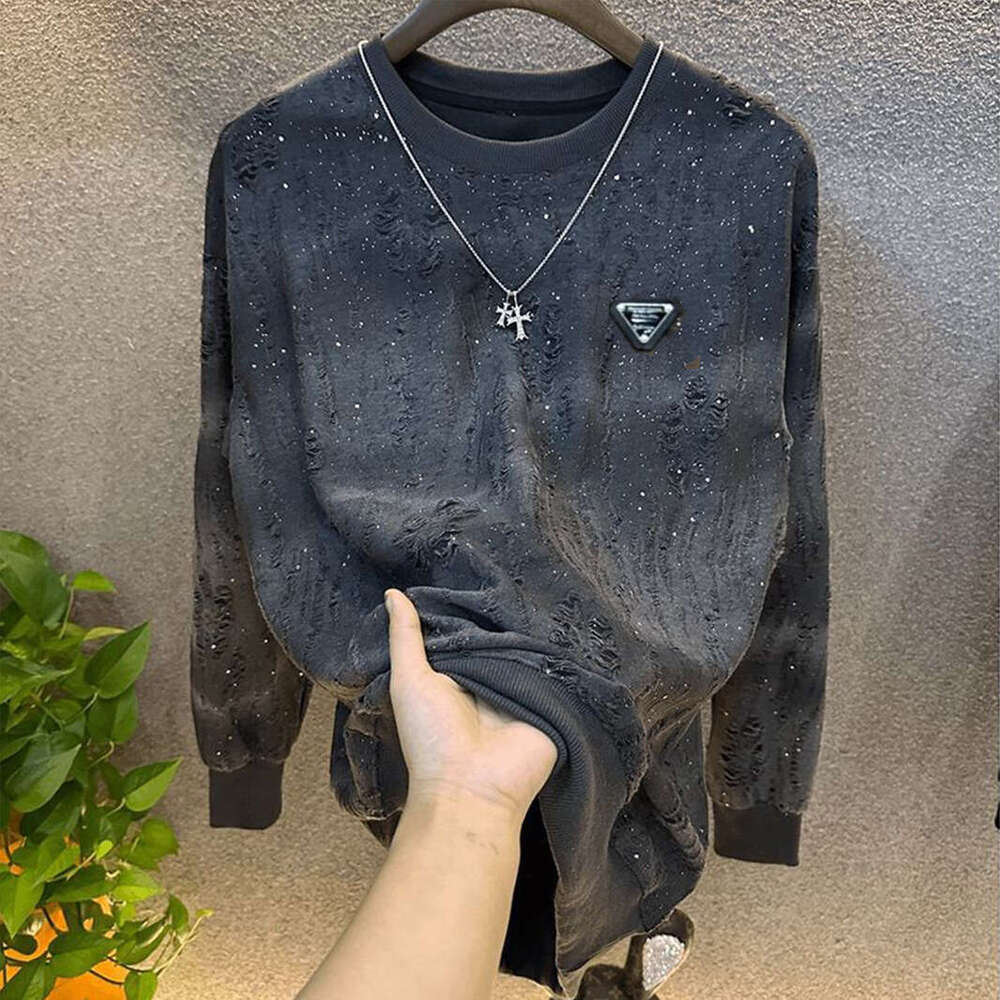 Men's Short 2026 Light Luxury New Trendy Round Neck Long Sleeve Fleece-Lined T-Shirt