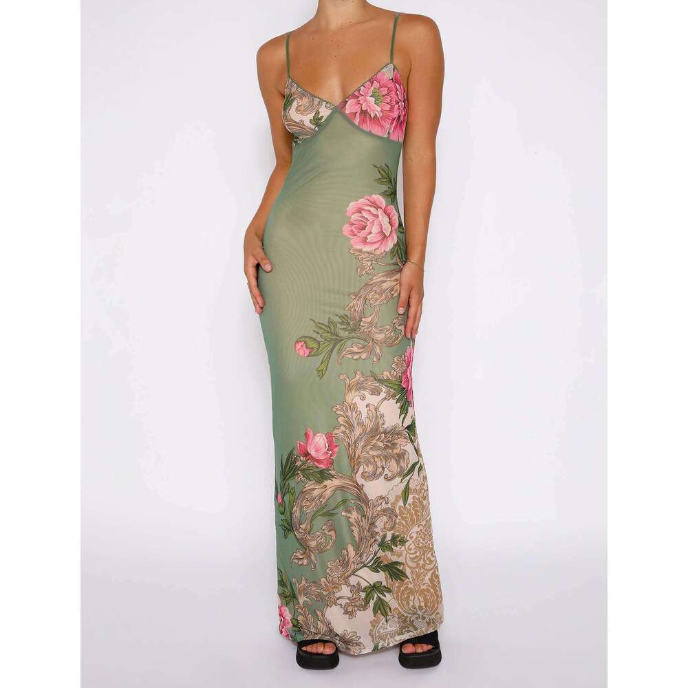 S32138 European and American New Long Vacation Style Elegant Slim Fit Printed Design Camisole Dress Women's Clothing