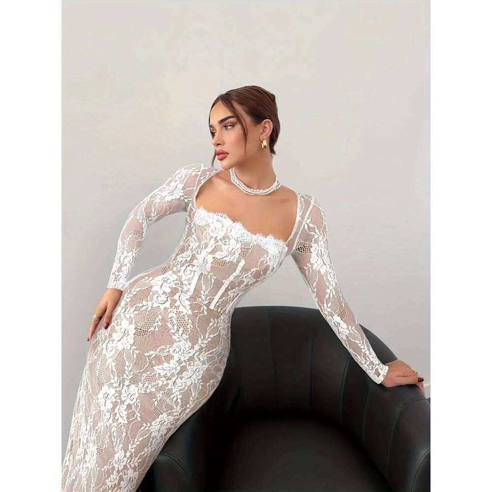 Elegant Direction Women's Spring Summer New Lace Splice Sexy Slim Long Sleeve Fashionable Casual Midi Dress C260312