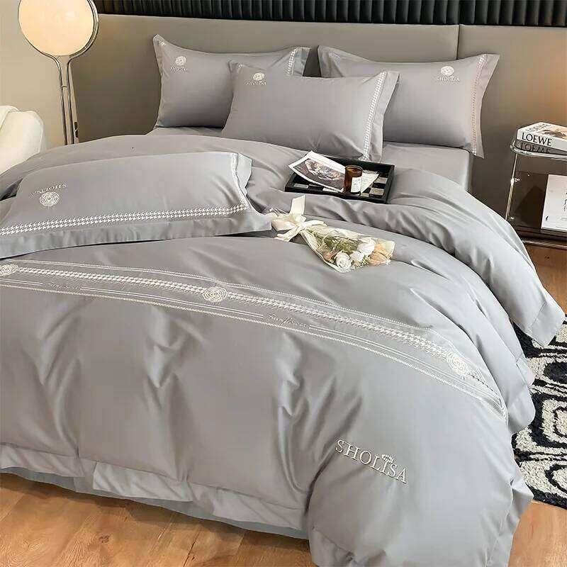 European light 120 pure four-piece set embroidered cotton quilt cover high-grade mattress bedding H260312