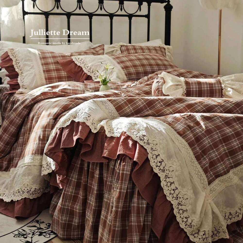 Korean Style Colorful Checkered Princess Bedding Set, 100% Cotton Washed Yarn-Dyed Lace Ruffle Skirt Duvet Cover Bed Linen H260312