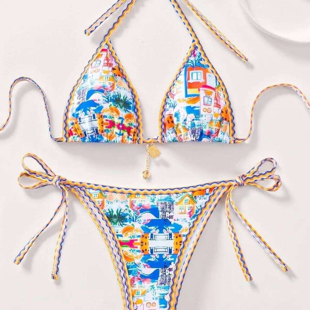 Fashion Print Swimwear for Women Sexy Backless Swimsuit Set Split Bathing Suit LowWaist Binding Strap Beach Bikini Y260303