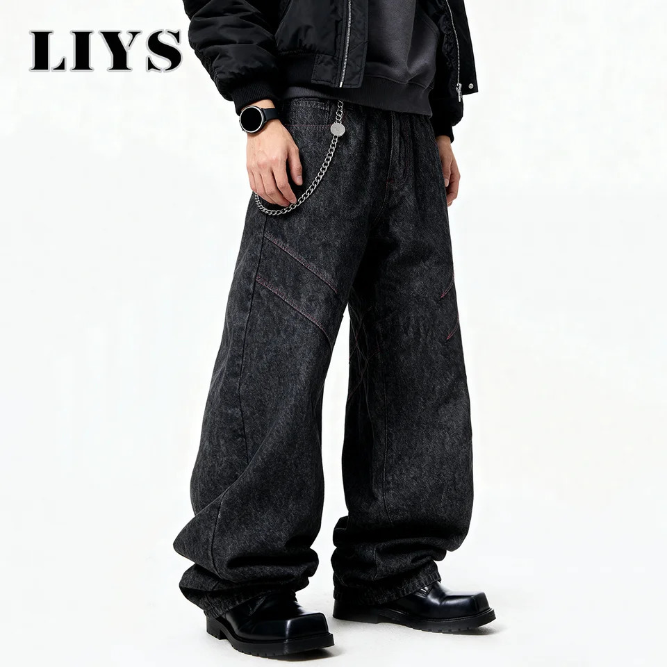 Four Seasons American Retro Mens Black Baggy Wide Leg Jeans Basic Style Business Casual Loose Denim Pants Unisex Street Jeans 260310