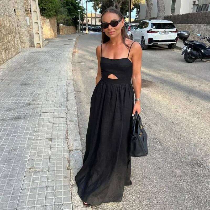 Loose Sexy Elegant Solid Color Summer Sleeveless Spaghetti Strap Hollow Out Ankle Length Dress Pockets Side Slit Women's clo C260312
