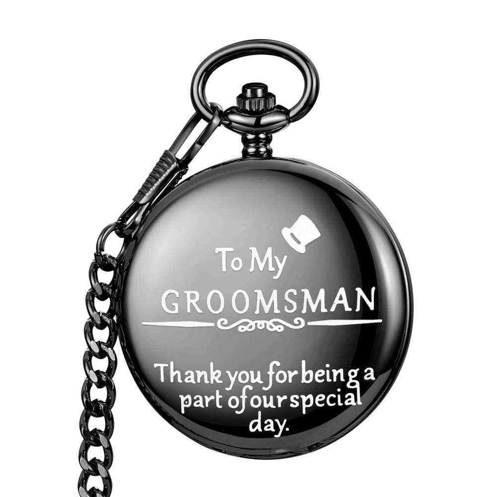 Vintage Classic Men's Quartz "To My Groomsman" Engraved Flip Roman Numeral Chain Pendant Pocket Watch Reloj