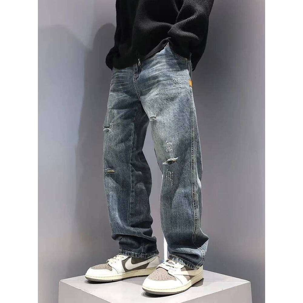 New Men's Ripped Jeans Baggy Straight Fashion Vintage Blue Denim Pants Personality Streetwear Hip Hop High Quality Male Trousers 26Y0312