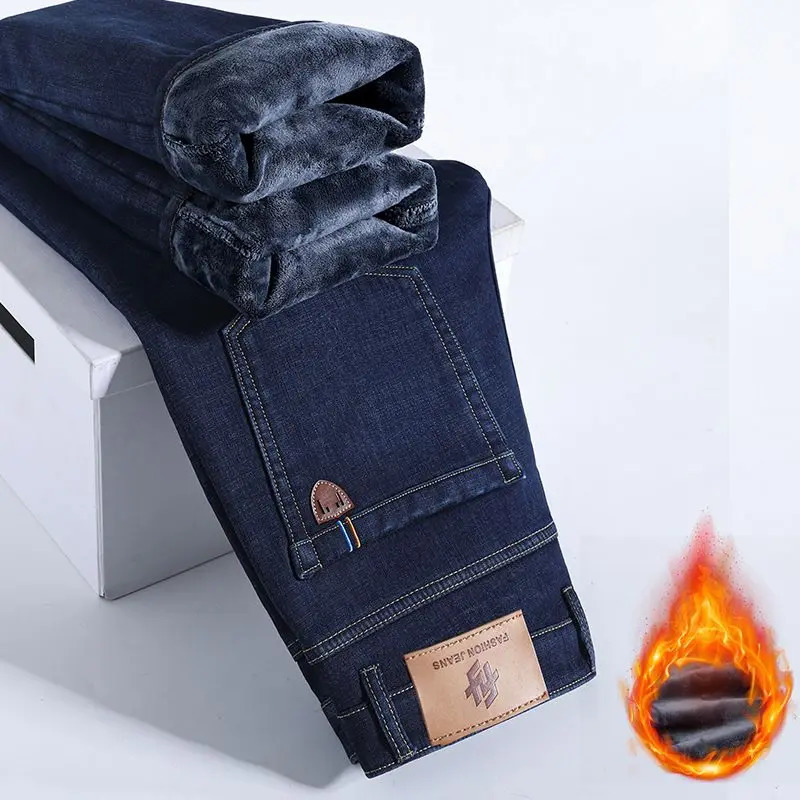 Winter Warm Fleece Jeans Mens Thick Thermal Casual Straight Denim Pants Male Business Work Stretch Trousers Clothing 260228