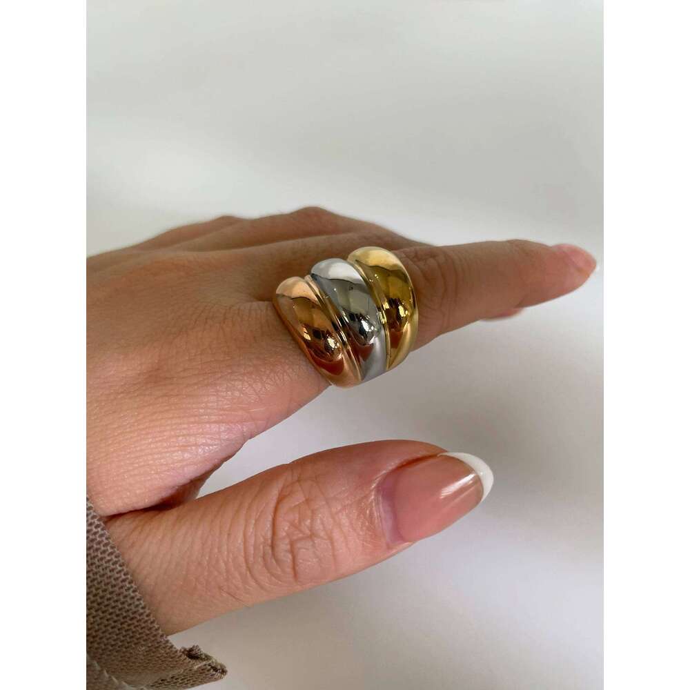 GHIDBK Free Tarnish Stainless Steel Gold Silver Splicing Color Multi-layer Chunky Dome Ring for Women Men Fashion Jewelry Party H260312
