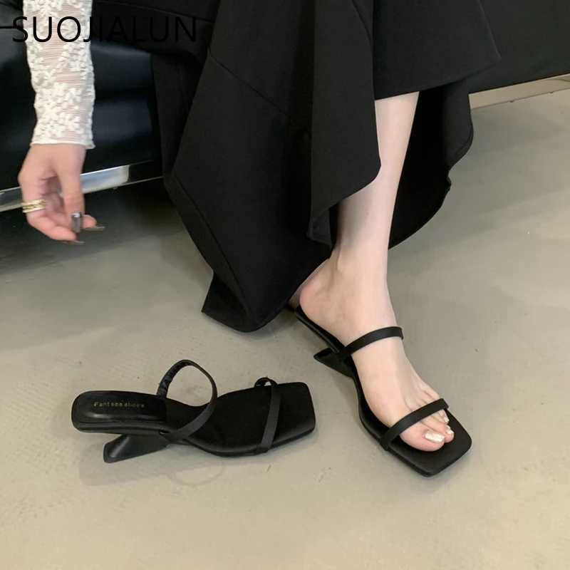SUOJIALUN 2025 Summer New Women Slipper Fashion Narrow Band Ladies Elegant Slides Shoes High Wedge Heel Outdoor Dress Sand K260312