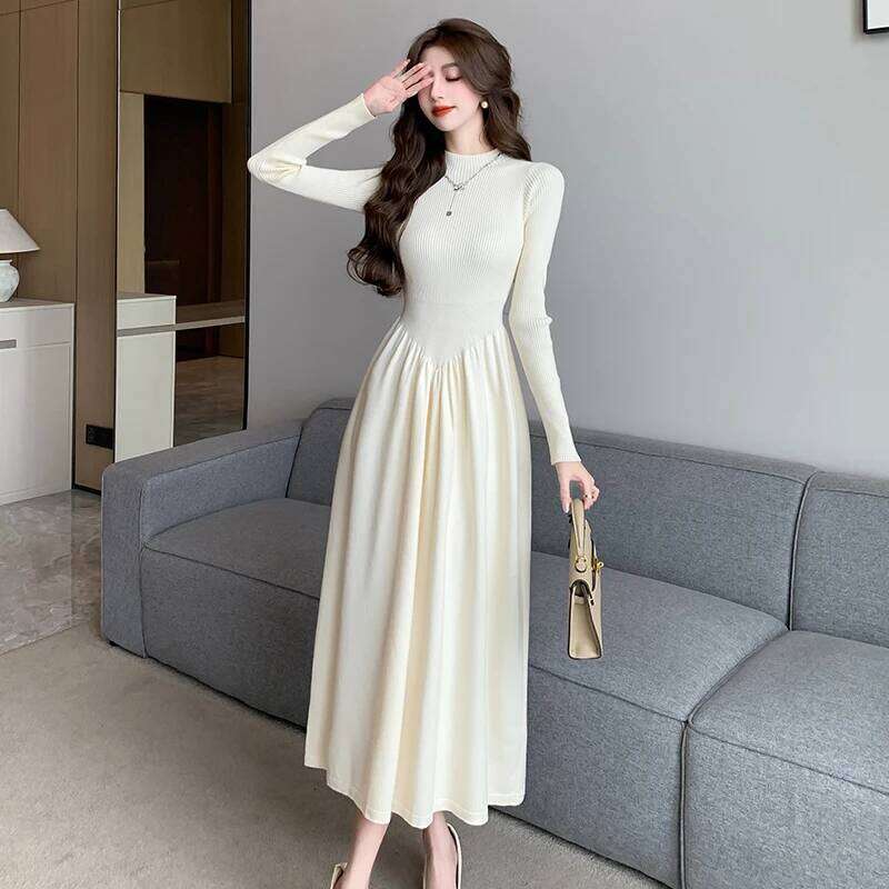 French Fashion High Collar Long Sleeve Knitted Women's Autumn Winter Inner Waist Cinching Sweater Maxi Dress New Arrival C260312