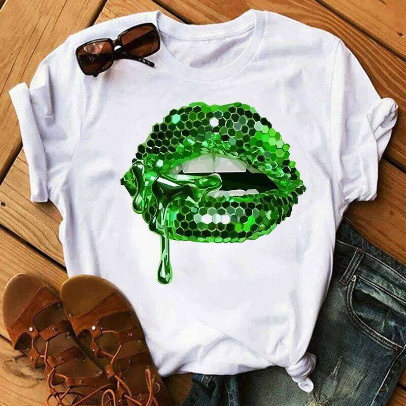 Sequins Shiny Lip Print T Short Sleeve O Neck Loose Women Tshirt Ladies Tee Shirt Tops Clothes Camisetas Mujer Z260312