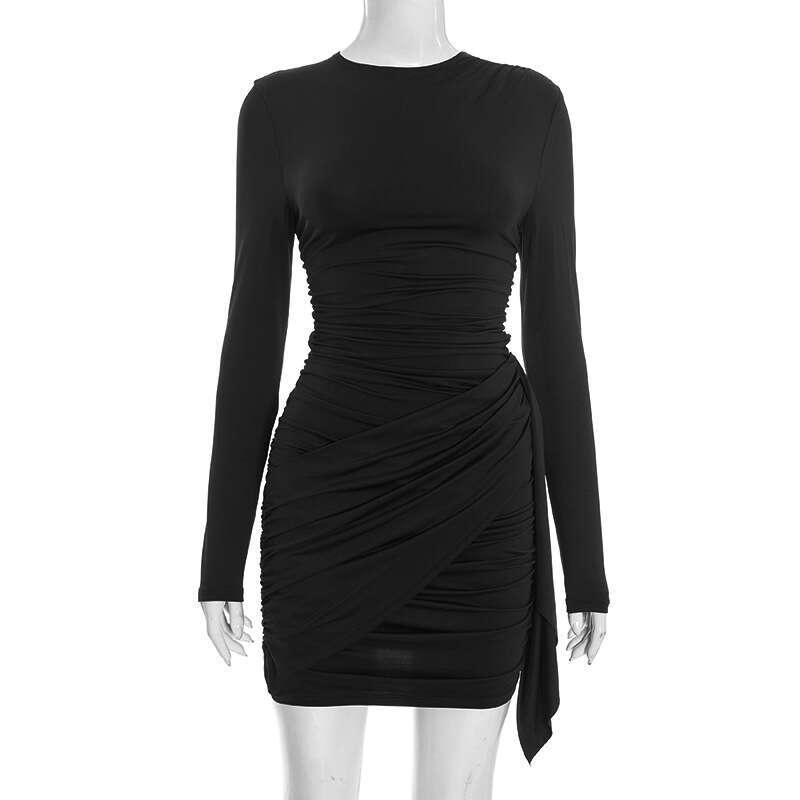 European American women's fashion autumn and winter new solid color ruched ribbon long-sleeve bodycon slim-fit elegant short dress