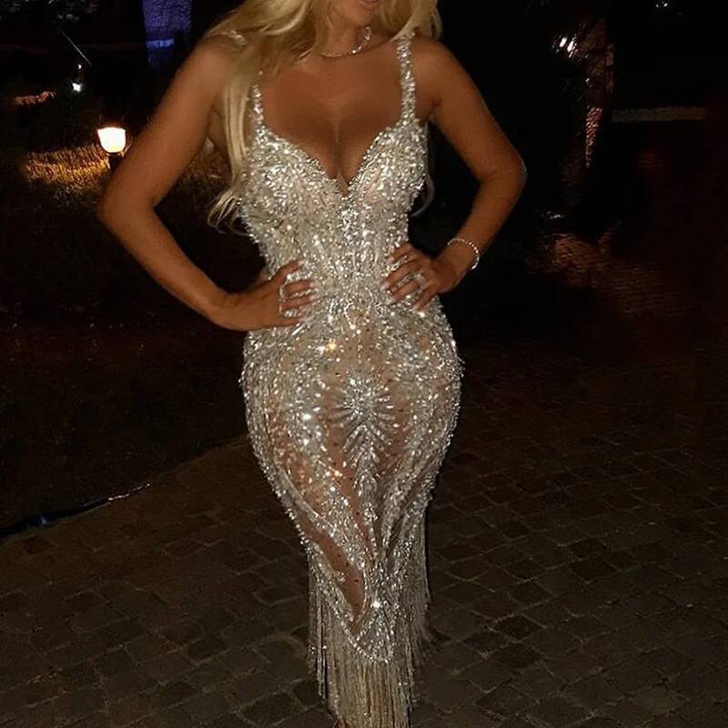Lady Deep V Strapless Tight Sequin Chic Tassel Hip Wrap Club Summer Sexy Sleeveless Slim Solid Evening Dress Vestido