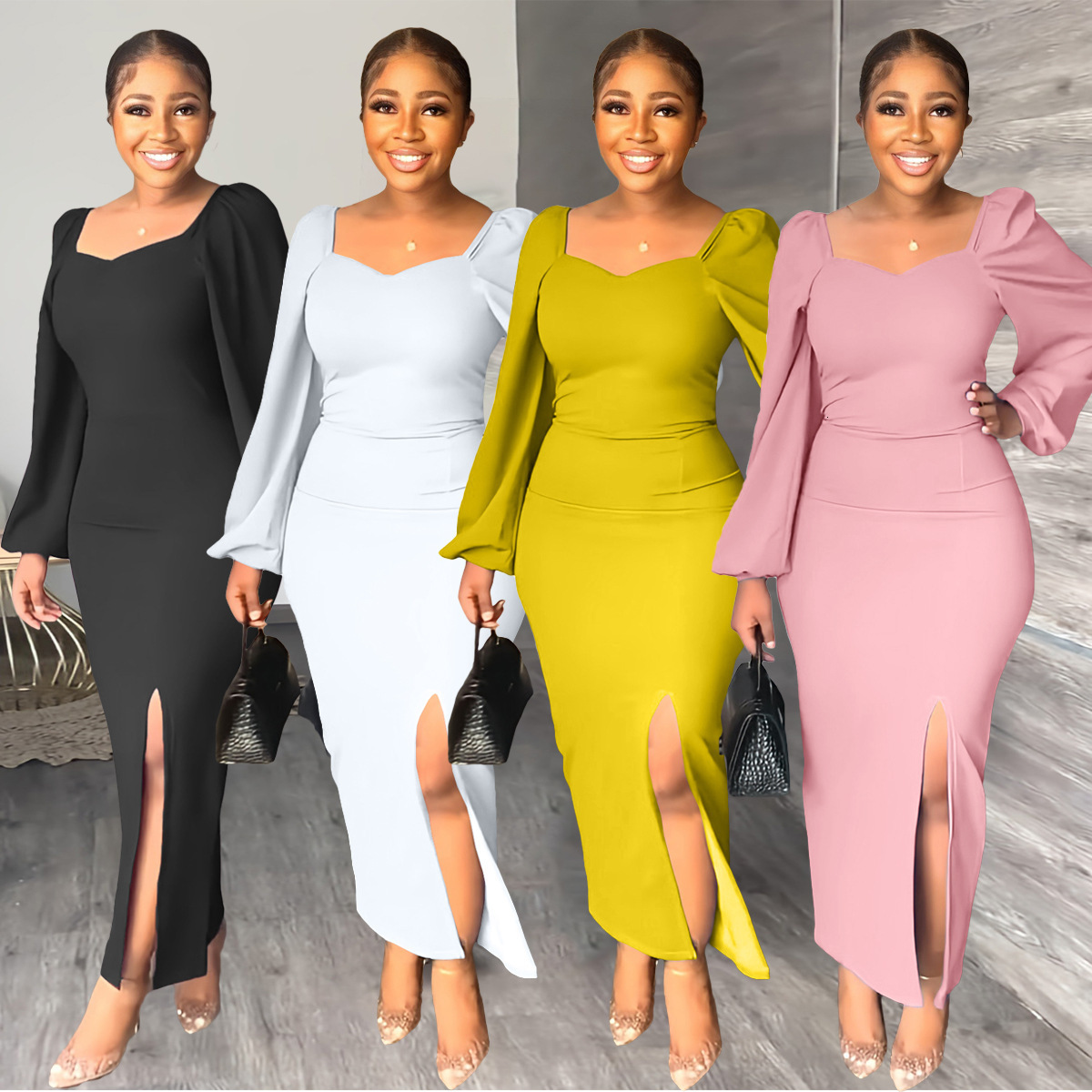 Womens Hot-Selling Solid Color Long-Sleeve Sexy Backless Bodycon Slit One-Piece Dress