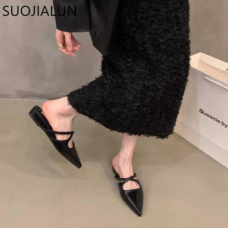 SUOJIALUN 2024 Summer New Women Flat Shoes Fashion Pointed Toe Slip On Mules Shoes Soft Flat Heel Outdoor Vaction Ladies Sandals K260312