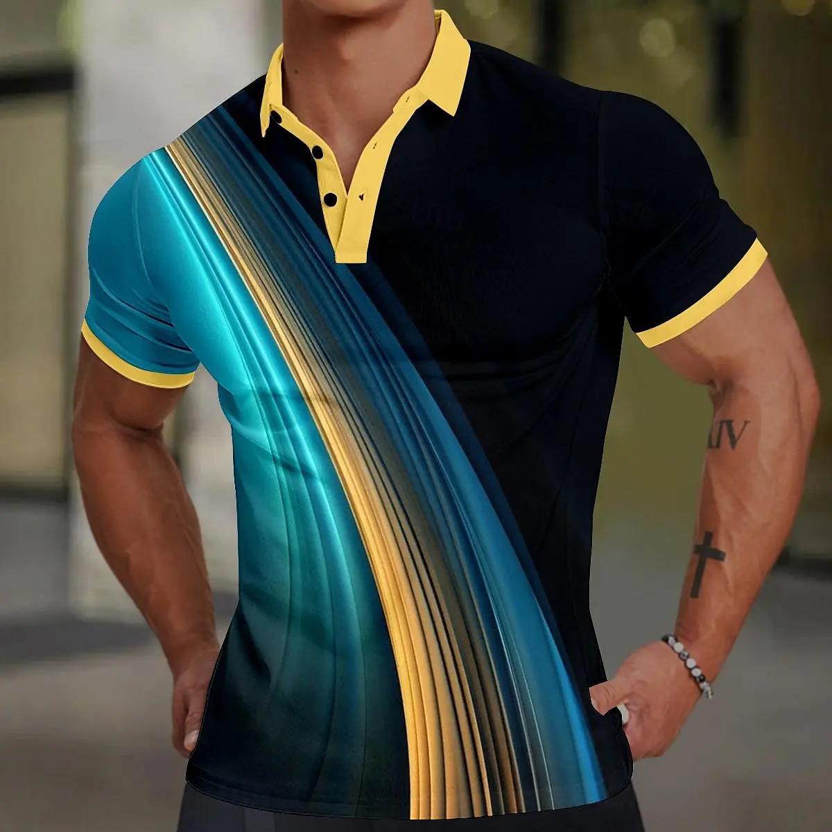 Mens Polo Shirt 3d Colorful Line Print Short Sleeve Polo T Shirts For Men Fashion Man Clothes Loose Oversized Golf Sport Shirts 260311