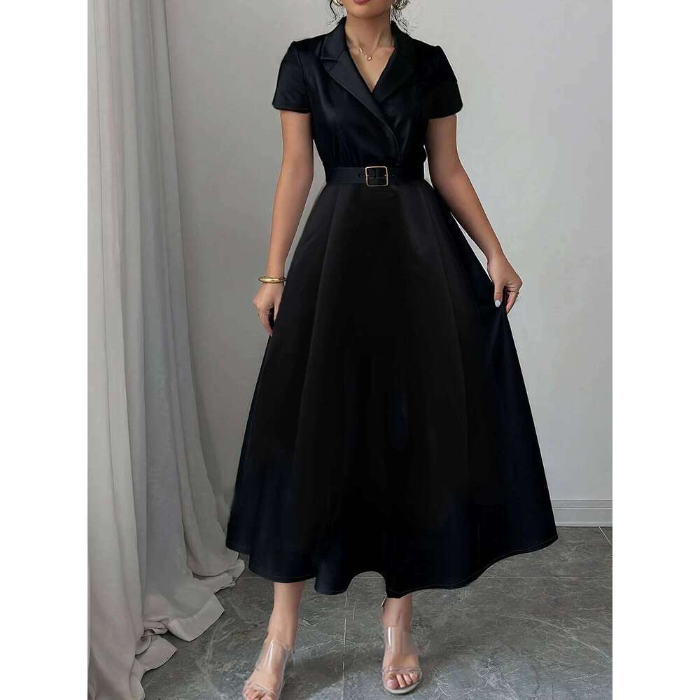 Women Elegant Satin Pleated A-Line Dress with Belt Lapel Collar Short Sleeve Black Office Lady Casual Dresses C260311