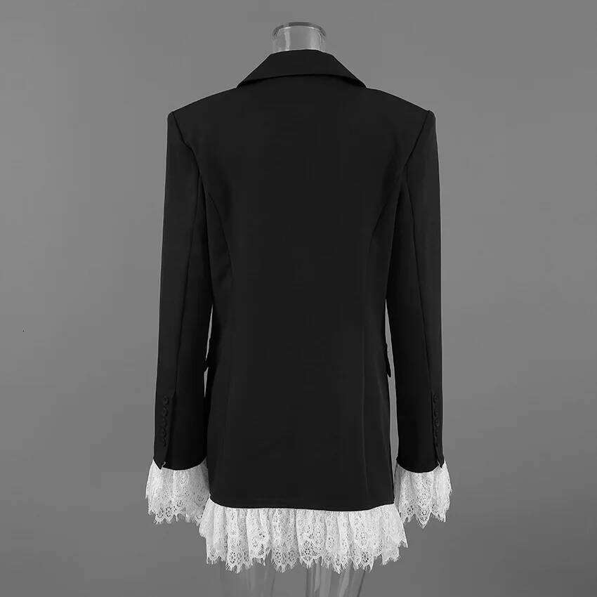BKLD 2025 Autumn New Sexy V-Neck Lace Patchwork Black Dress Elegant Temperament Long Sleeve Blazer Short Dresses Women Clothing C260311