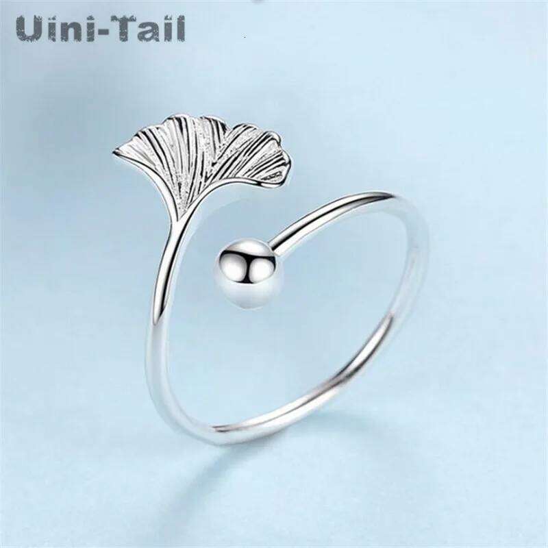 Uini-Tail Hot Sale New 925 Tibetan silver Simple Ginkgo Fresh Fashion Leaf Open Ring High Quality Jewelry ED650 H260312