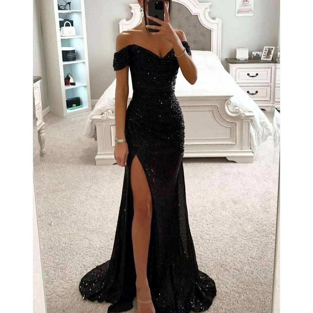 Womens Dresses New Party Sequin One Line Neckline Slit Casual Fashion Dress for Women C260312