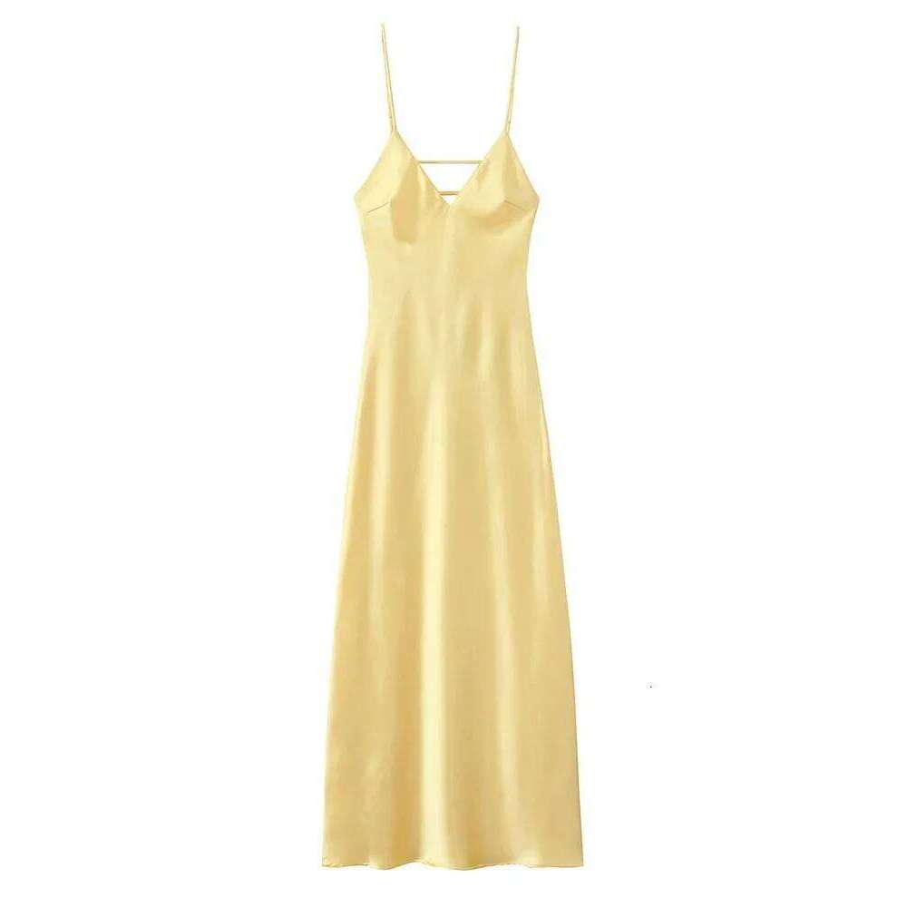 Yellow Satin Sling Dress Women Elegant V Neck Sleeveless Backless High Waist Maxi Dresses 2025 Summer Lady Party Evening Robes C260311