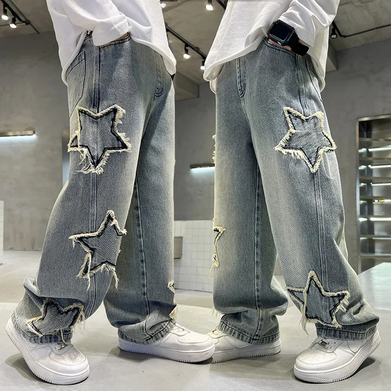 Fashion Teenager Boys Denim Wide Leg Pants Child Trousers Spring Autumn Star Splicing Raw Edge Jeans 514 Yrs Kids 260311