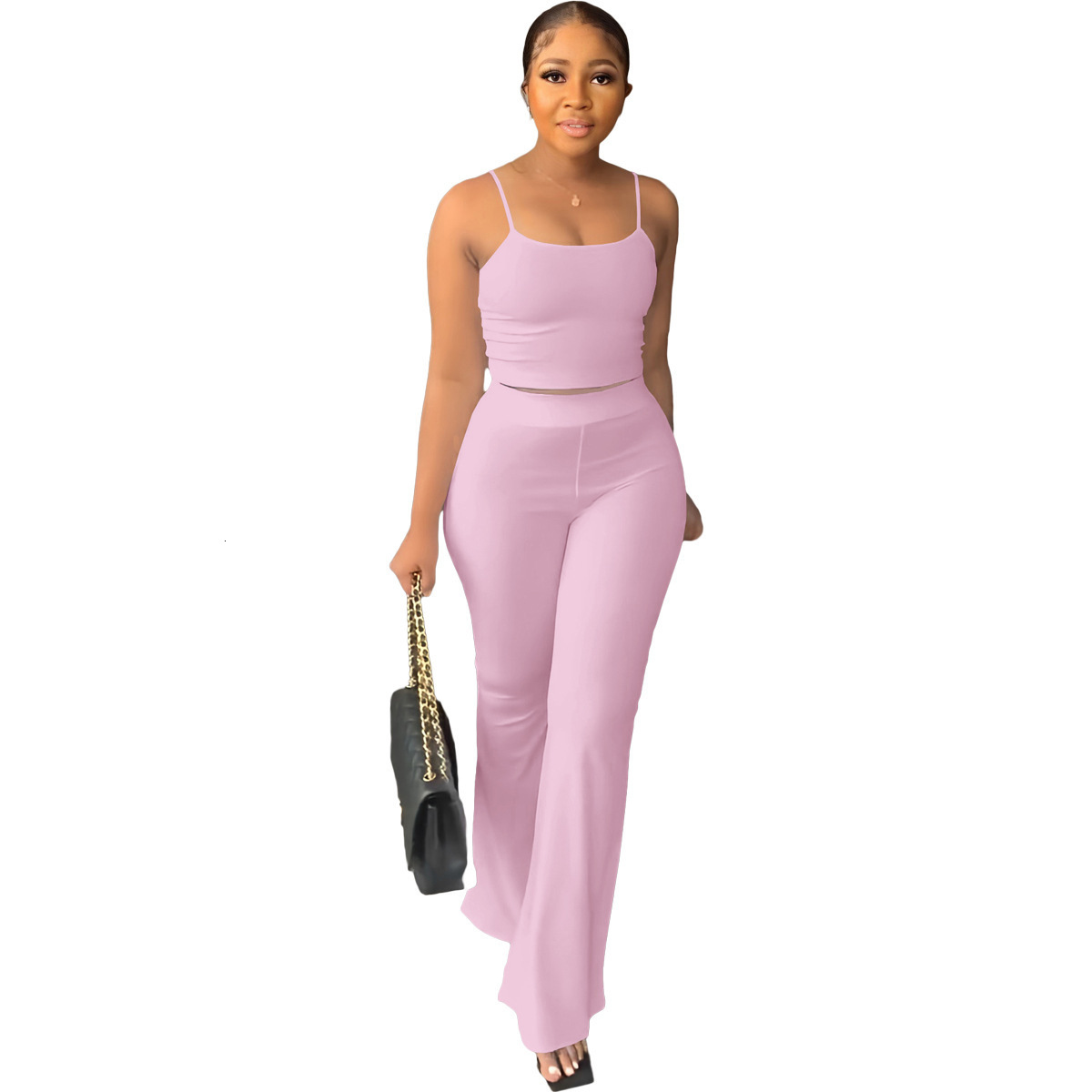Womens Solid Color Camisole Slim Fit Bell-Bottom Pants Simple Fashion Set