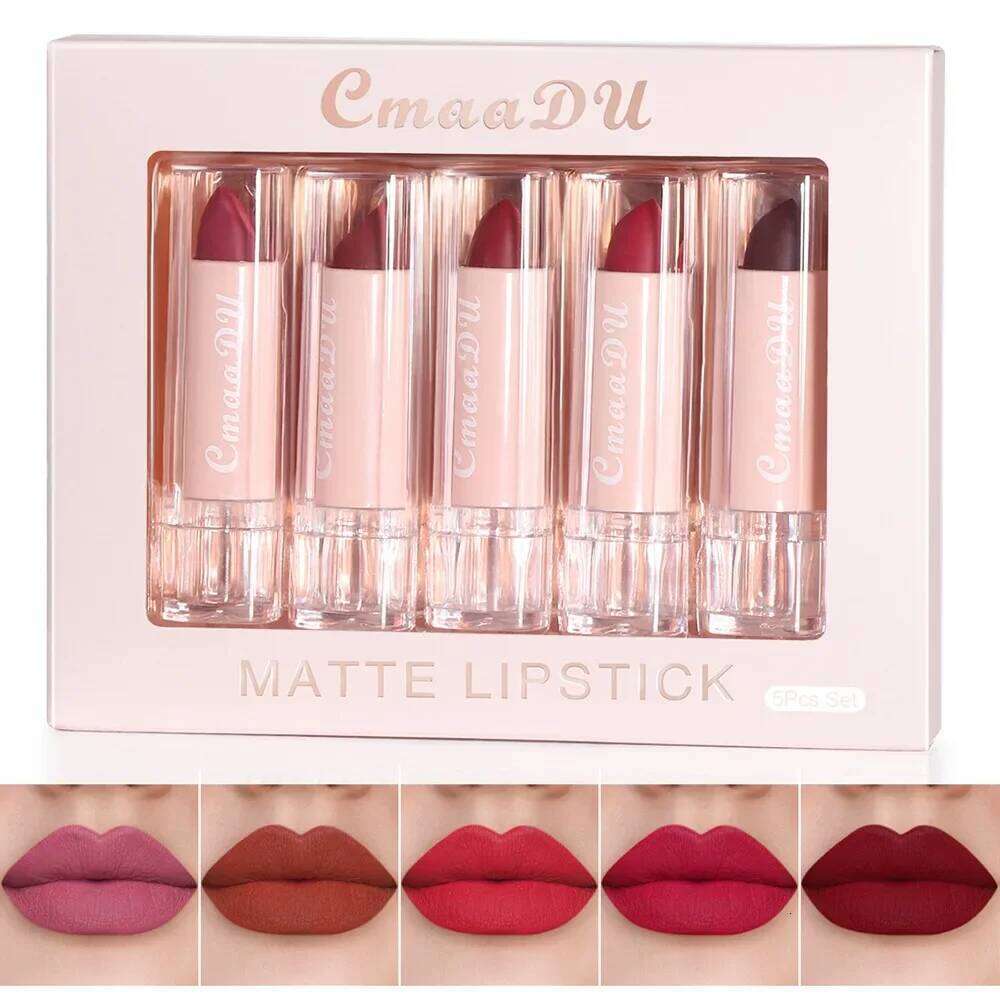 5pcs CmaaDu Matte Velvet Lipstick Set - Long-Lasting Waterproof Red Nude Lipsticks Collection Non-Stick Cup Makeup Cosmetics W260311