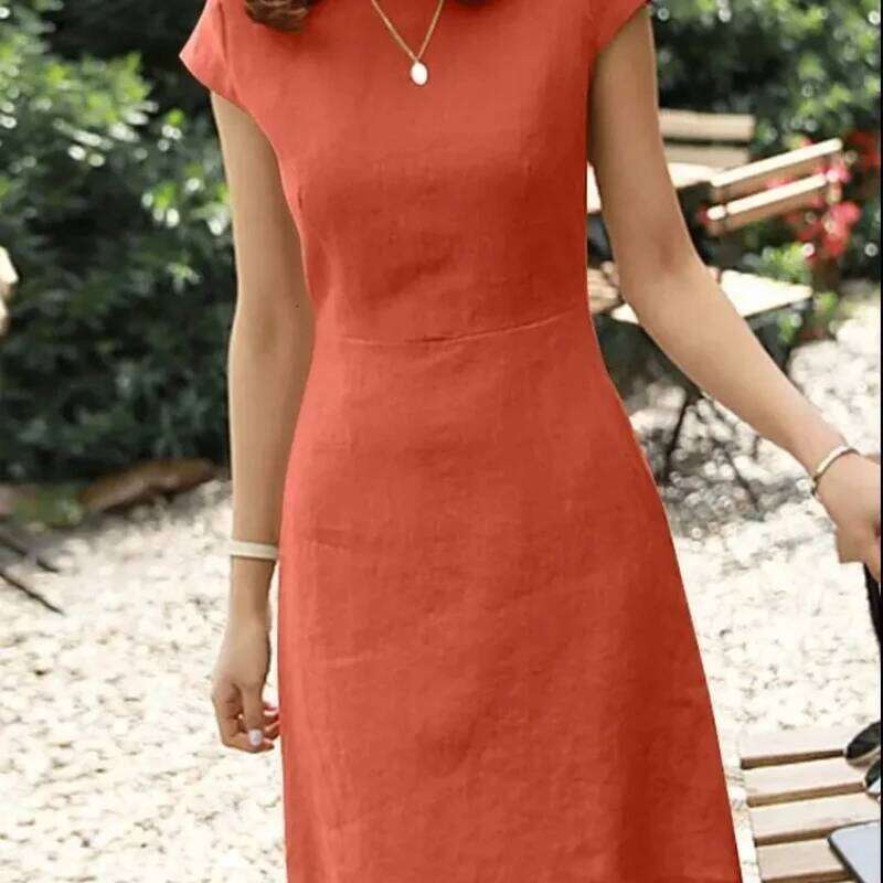 2025 Spring Cotton Linen Women's O-neck Short Sleeve A-line Casual Dresses Female Trendy Fashion Loose Clothes Ladies C260312
