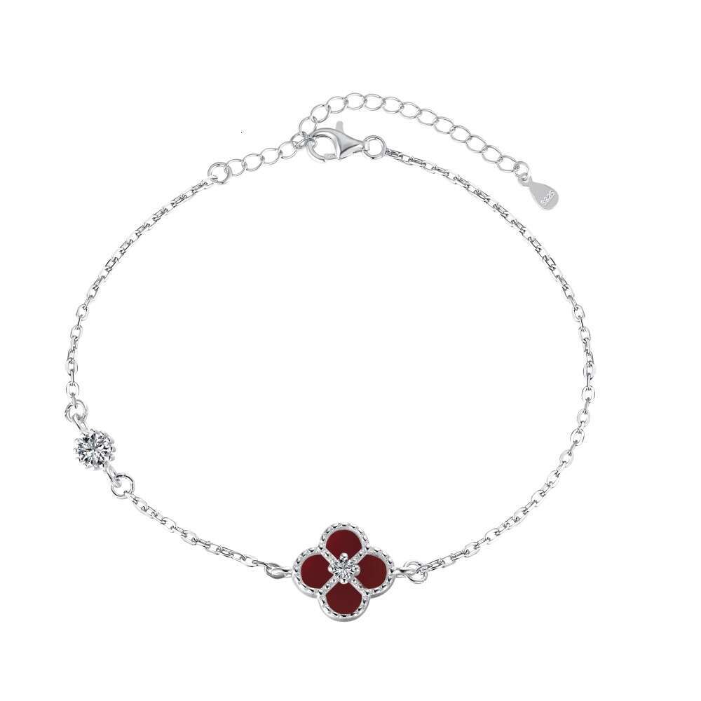 Women Jewelry Bracelets Charm Bracelets INS Style Mother-of-Pearl Red Agate Four-Leaf Clover S925 Sterling Silver Bracelet