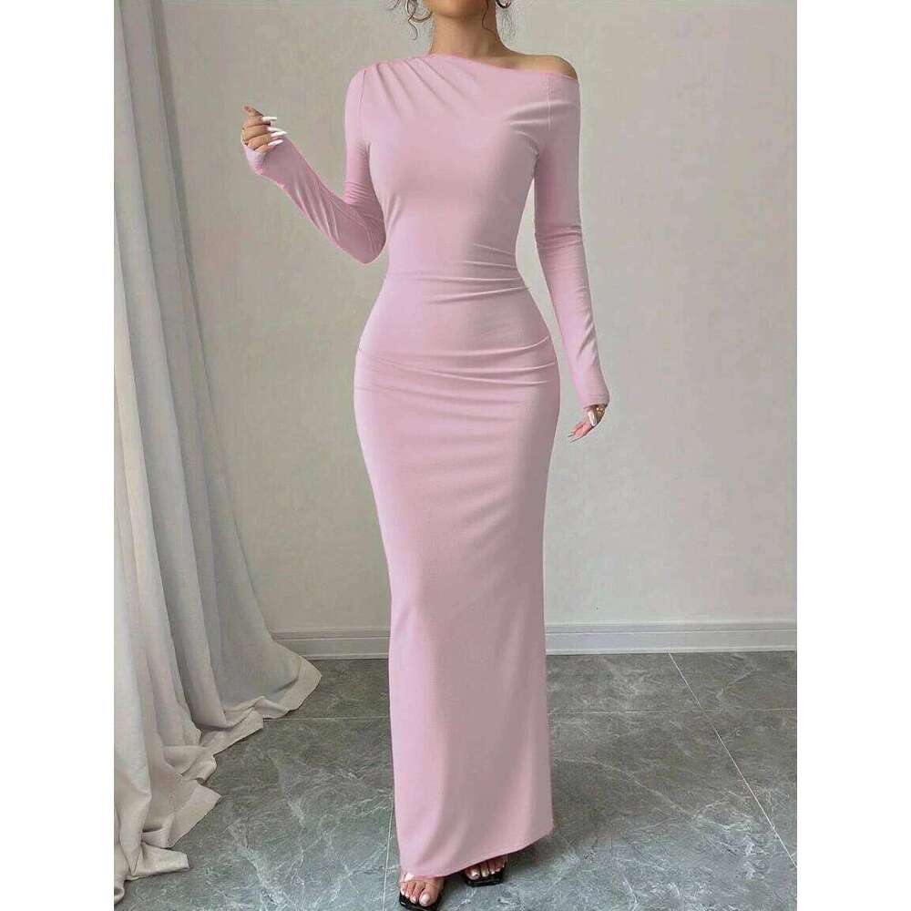 Autumn new style individual solid color trendy elegant high-waist long-sleeved figure-hugging bodycon dress sexy C260312