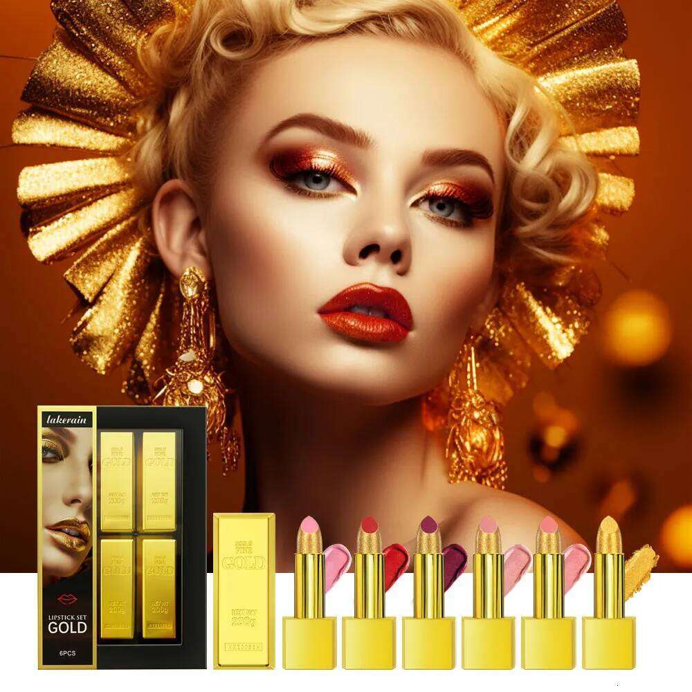 6pcs Matt Lipstick Set Gold Brick Matte Red Pink Waterproof Long Lasting Lip Tint Girl Lipsticks for Girls Woman Pack W260311