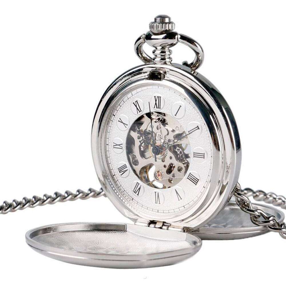 Classic double face hand winding smooth surface hollowed Roman numeral men women mechanical pocket watch