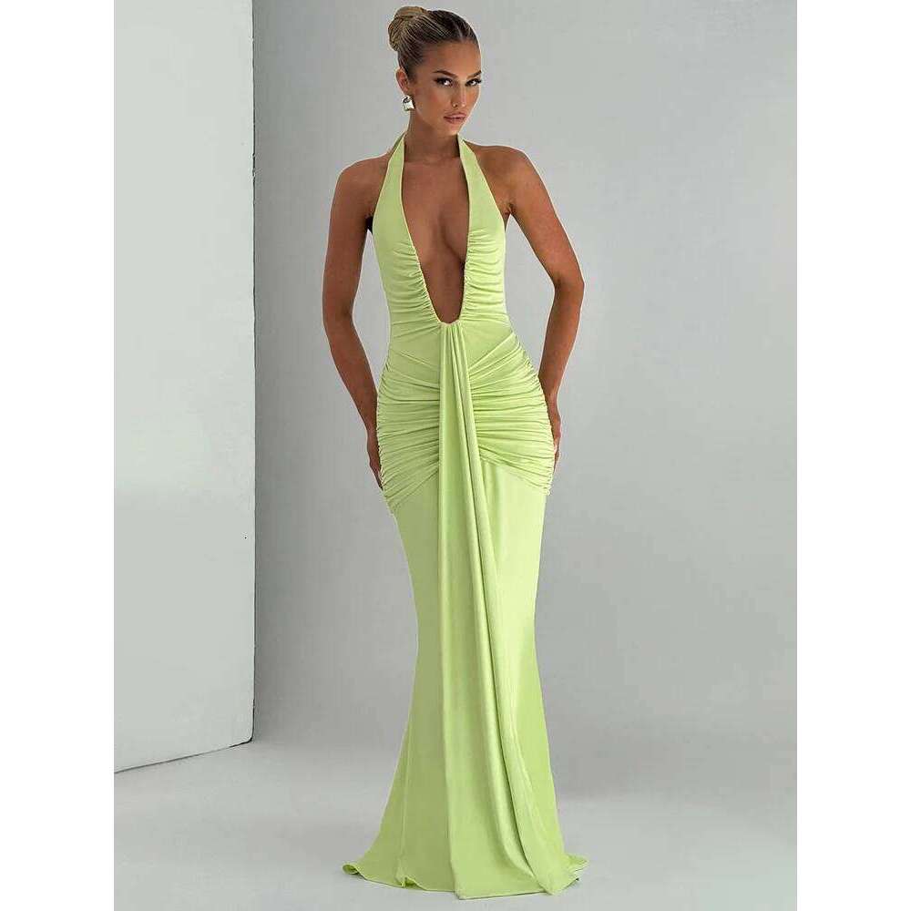Mozision Deep V Neck Draped Ruched Sexy Maxi Women Summer Fashion Halter Sleeveless Backless Club Party Long Dress Elegant C260311