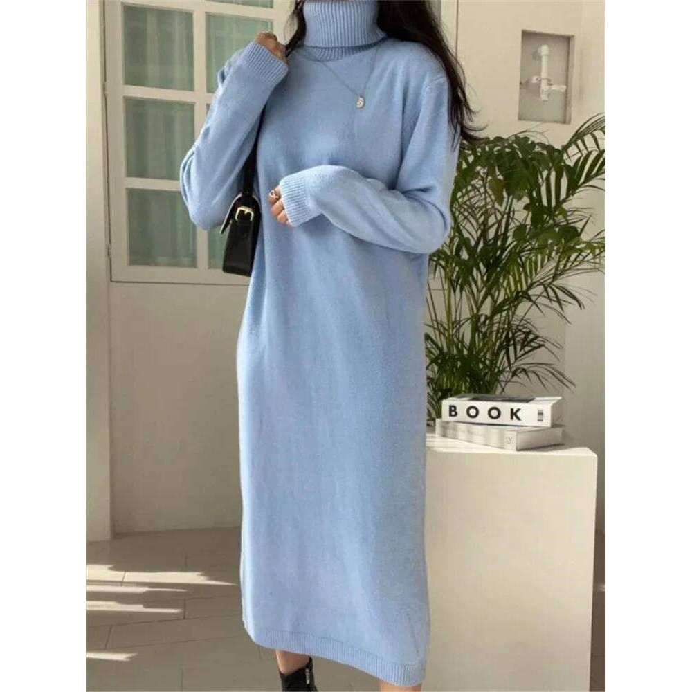 REALEFT Autumn Winter Turtleneck Women's Sweater 2024 New Sleeve Solid Warm Knitted Casual Long Dresses Female C260312