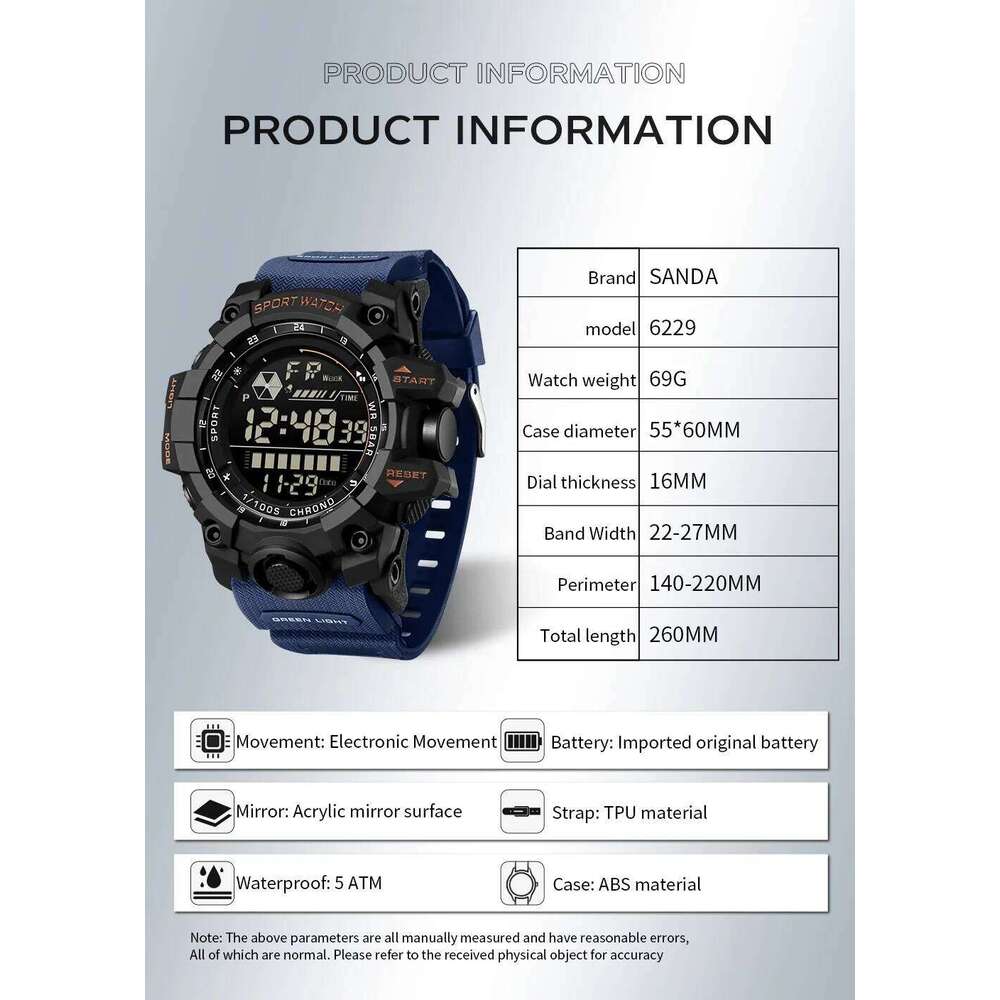 SANDA 6229 Fashion Watch Multi functional Sports Waterproof Night Light Timer Luxury Men's Electronic Watch-1
